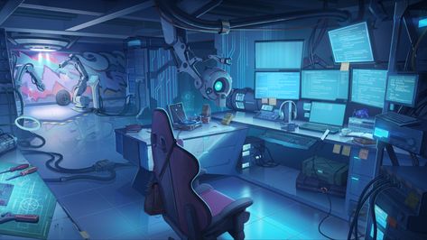 Cyberpunk Classroom, Tech Lab Aesthetic, Compsci Aesthetic, Futuristic Gaming Room, Scifi Bedroom, Sci Fi Rooms, Vtuber Room, Spaceship Drawing, Sci Fi Anime