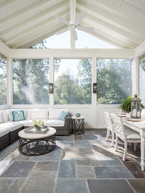 Sunroom Ceilings Ideas, Sunroom Ceiling, Porch Vibes, Carolina Room, Screened Deck, Sunroom Remodel, Conservatory Ideas, All Season Room, Raised Ranch