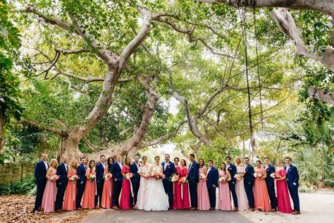 Colorful Wedding Party, Bright Bridesmaid Dresses, Gasparilla Inn, Blue Groomsmen, Orange And Pink Wedding, Bridesmaids Spring, Tropical Wedding Inspiration, Coral Bridesmaid, Coral Bridesmaid Dresses