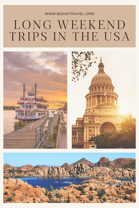 THE BEST LONG WEEKEND TRIPS IN THE UNITED STATES! This list of weekend trips to take in the US will give you the ultimate inspiration on where to travel in the US! From road tripping Arizona, to exploring the Pacific Northwest, this guide to weekend trips in the USA will help you plan the perfect mini getaway! | Where to go in the US for a Holiday Weekend | Weekend Trips in the South | Weekend trips close to home | best USA weekend getaway ideas Weekend Getaway Ideas, Great Places To Travel, Long Weekend Trips, Best Weekend Getaways, Weekend Trip, Solo Female Travel, Group Travel, Close To Home, United States Travel