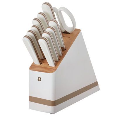 Drew Barrymore's New Kitchenware Line With Walmart Is Stunning | The Everygirl Kitchen Knife Set, Steak Knife Set, Kitchen Counter Decor, Knife Block Set, Knife Set Kitchen, Drew Barrymore, Steak Knives, Kitchen Knife, Knife Set