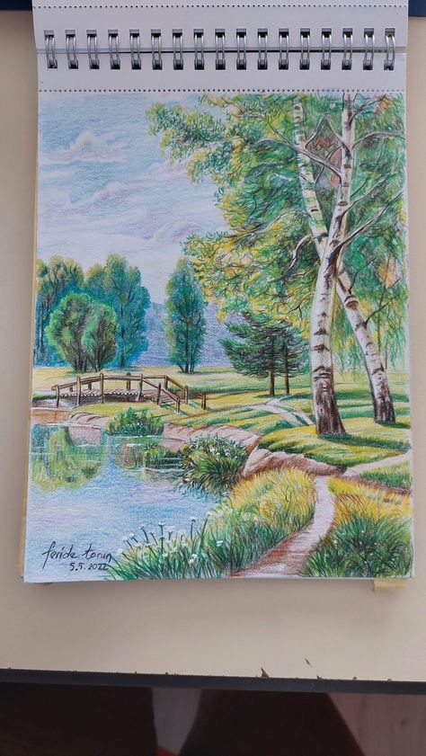 Tree Drawing Pencil Colour, Colorpencils Drawing Nature, Colored Pencil Art Landscape, Pencil Drawings Landscape, Colored Pencil Aesthetic, Landscape Drawings Pencil Colour, Color Pencil Art Landscape, Nature Pictures Drawing, Landscape Sketch Pencil