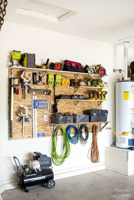 35 Tool Storage Ideas For Easy Organization Garage Storage Wall, Ikea Inspo, Diy Corner Shelves, Tool Shed Organizing, Tool Storage Ideas, Tool Organization Diy, Tool Wall Storage, Garage Inspiration, Shelving Diy