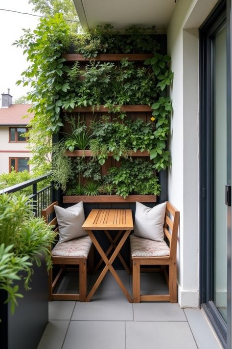 Compact balcony with vertical garden and fold-down furniture Small Outdoor Balcony Ideas Apartments, Terrace Ideas Small Balcony Design, Outdoor Balcony Ideas Apartments, Diy Balcony Furniture, Small Balcony Garden Apartment, Cottage Balcony, Balcony Apartment Decor, Tiny Balcony Ideas, Small Terrace Ideas