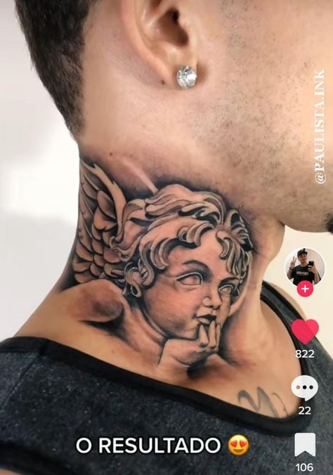 Angel Throat Tattoo, Dove Neck Tattoo, Angel Neck Tattoo, Tattoos Torso, Hulk Tattoo, Side Neck Tattoo, Aztec Tattoo Designs, Throat Tattoo, Realistic Tattoo Sleeve