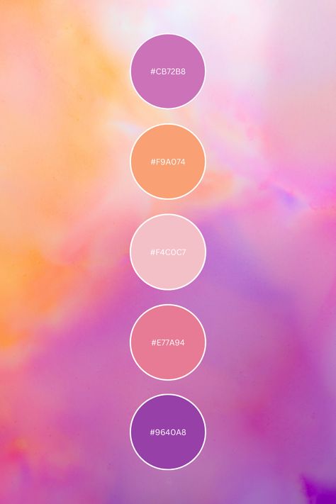 Use this beautiful color palette/color combo for inspiration on your next project! 🖤 #color #colorpallete #colorpaletteinspiration #bright #colorcombos Pink Orange Yellow Purple Color Palette, Orange Pink Purple Color Palette, Pink Peach Purple Color Palette, Colour Palette Instagram, Purple Peach Color Palette, Pink Orange Lilac Color Palette, Lilac And Orange Colour Palette, Purple Sunset Color Palette, Pink Orange Purple