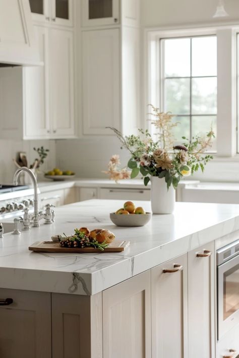 Ready to transform your kitchen into a stylish oasis? Check out these gorgeous white kitchen island ideas! From minimalistic designs to charming rustic looks, you'll find the perfect mix of elegance and function. These designs beautifully blend cabinetry, stylish countertops, and island seating to create the ideal hub for family gatherings and cozy meals. Explore a variety of layouts that maximize space while maintaining a chic, timeless feel. Get inspired to make your kitchen the heart of your home with stunning white island ideas today! White Kitchen Island Ideas, Cozy White Kitchen, White Kitchen With Wood Island, White Kitchen Aesthetic, Kitchen Ideas With Island, Gorgeous White Kitchen, Island Seating, White Kitchen Ideas, Timeless Kitchen Design