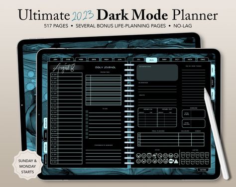 UNDATED Dark Mode Digital Planner, Journal for Goodnotes, Zoomnotes, Notability, Adobe, Xodo, Teal and Black, Dark Aesthetic, Black Planner - Etsy plannerspread #ultimatedigitalplanner. Black Dark Aesthetic, Goodnotes Ideas, Journal For Goodnotes, Black Planner, Digital Planner Ideas, Notes Plan, Planner Diy, Study Tips For Students, Mom Planner