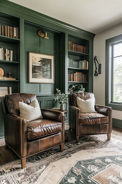 Discover the perfect color pairings for dark brown, like the lush elegance of emerald green. Explore rich palettes for your next design adventure! Office Parlor Room, Green Room Dark Wood Furniture, Dark British Aesthetic, Emerald Green Built In Bookcase, Emerald Green Library Room, Hunter Green Media Room, Dark And Moody Home Library, Dark Library Room Aesthetic, Green And Brown House Interior