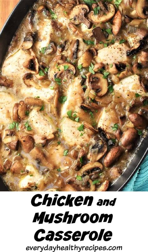 Top down view of chicken mushroom casserole in oval dish. Chicken With Mushrooms Healthy, Creamy Chicken And Mushroom Casserole, Chicken And Mushroom Dinner Recipes, Mushroom Casserole Recipes For Dinner, Chicken Mushroom Rice Bake, Dinner Recipe With Mushrooms, Chicken And Mushroom Casserole Recipes, Chicken And Mushrooms Healthy, Chicken Mushroom Casserole Recipes