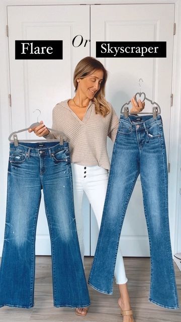 Aline | Lifestyle on Instagram: "Flare or skyscraper? Which one is your favorite? I am obsessed with the skyscraper fitting! Flattering and the best fitting for me! 🙌🏻 I am 5’9” and I am wearing a size 2 / Long - Fits tts. . . . . #expressyou #denimpants #ltkstyletip #casualchic #ltkunder100 #ltkworkwear #ltksalealert #workwear #fallstyle #falloutfits #blazerstyle #denimpants" Flare Outfits, Jeans Outfit For Work, Flare Jeans Outfit, Jeans Outfit Women, Stitch Fix Stylist, I Am Loving, Casual Work Outfit, Early Fall Outfit, Fall Outfits For Work