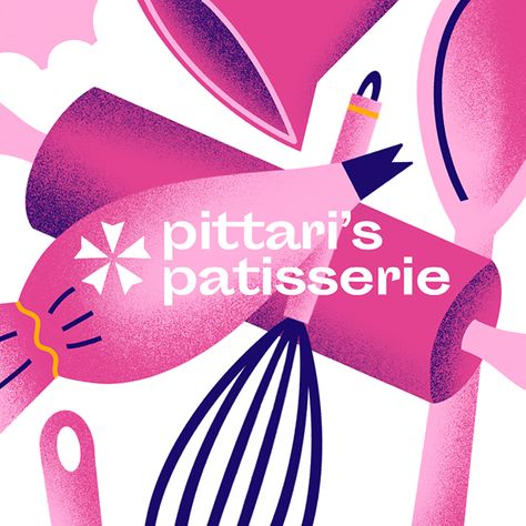 Pittari’s Patisserie is a small business from Vaughan, ON offering custom baked goods. A series of baking-related icons were illustrated and utilized throughout the visual identity to achieve a youthful, high spirited tone of voice. The logo features an icon inspired by the piping tip of a frosting bag, and is complemented by a contemporary typeface. Pastry Branding Design, Confectionery Branding, Sweets Branding, Contemporary Typeface, Patisserie Logo, Graphic Deisgn, Patisserie Design, Sugar Mommy, Piping Tip