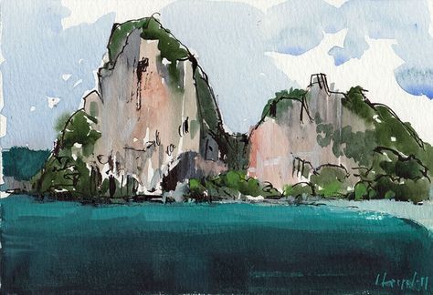 Original Painting Asian Landscape Mountain Thailand Watercolor Sketch… Asian Landscape, Mountain Drawing, Pen And Wash, Landscape Sketch, Thai Art, Summer Painting, Landscape Pictures, Watercolor Sketch, Beach Painting