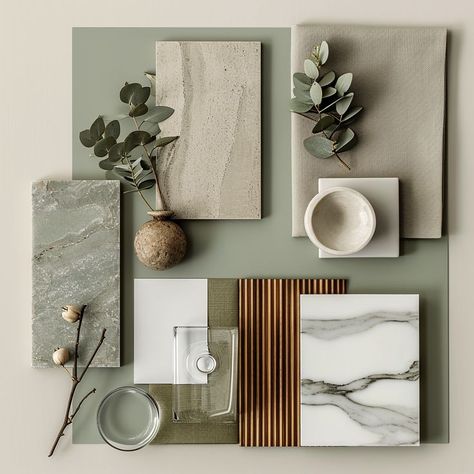 Bathroom Material Board Interior Design, Mood Board For Office Interiors, Interior Design Pallets Color, Green And Grey Mood Board, Minimalist Moodboard Interior Design, Bedroom Interior Mood Board, Earthy Palette Colour Schemes, Material Boards Interior Design, Flatlay Interior Design