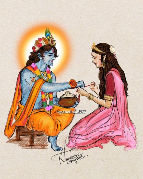 Draupadi tying Rakhi to Krishna 🙏 #Krishna #rakshabandhanspecial #draupadi Every girl deserves a protector like Krishna, standing strong to uphold honor and faith. This Rakshabandhan, let’s pledge to support and safeguard one another, ensuring that heinous acts like the Kolkata incident become a thing of the past. Together, we can create a world where every girl feels safe and valued. #Rakshabandhan #justiceforladydoctor #nirbhaya2 #kolkatarapecase #Sisterhood #wewantjustice [ Kri... Draupadi Art, Draupadi And Krishna, Krishna Rakhi, Krishna Krishna, Pencil Work, Create A World, Stand Strong, Krishna Painting, Goddess Art