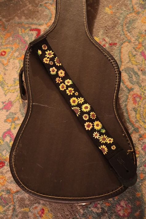 Upcycled Fender guitar strap, hand embroidered front with black backing. Strap is adjustable & the design covers the bottom 20 inches! Embroidery Guitar Strap, Embroidered Guitar Strap Diy, Guitar Strap Diy, Sunflower Guitar, Guitar Straps Diy, Sunflowers Van Gogh, Embroidered Guitar, Sunflower Vans, Van Gogh Inspired