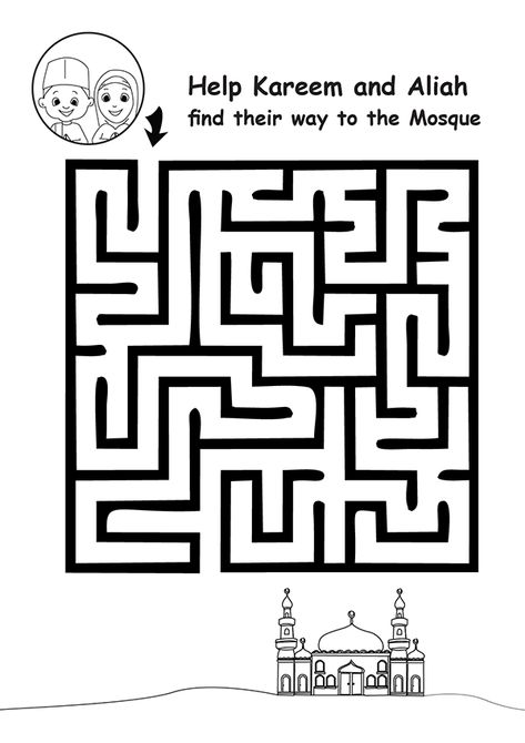 Islamic maze printable for kids in Ramadan, Eid or any time. "Help kareem and Aliah find their way to the mosque". Colour and complete the maze Eid Activities, Ramadan Printables, Islamic Books For Kids, Muslim Kids Activities, Background Islamic, Maze Worksheet, Islamic Ramadan, Islamic Kids Activities, Ramadan Kids