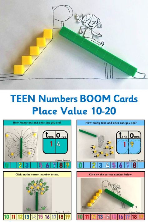 These 22 digital task cards (Boom Cards) help students to count teen numbers in tens and ones to gain a foundation for place value. Students will practice counting, reading and decomposing (partitioning) numbers from 10-20. #Boomcards #digitaltaskcards #placevalue #teennumbers #1_20 #kindergartenmath #prepmaths #receptionmaths #gradeonemath #numberkindergarten #base10activities #placevaluefirstgrade #firstgrademath Tens And Ones Activity, Reception Maths, Year 1 Maths, Science Boards, Comparing Numbers, Teen Numbers, Tens And Ones, Australian Curriculum, Free Learning