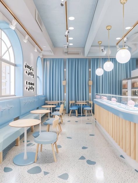 extremely beautiful and cute coffee shop interior Blue Cafe Interior, Cute Coffee Shop Interior, Coffee Decorations, Cafeteria Vintage, Coffee Shop Interior, Pet Cafe, Play Cafe, Blue Cafe, Bakery Interior