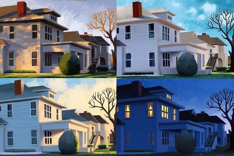 Morning/noon/afternoon/night #painting #lightingstudies Value Painting, Night Illustration, Color Script, Night Background, Landscape Concept, Lighting Concepts, Night Scene, Night Painting, Art Instructions