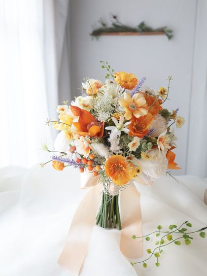 Marigold Bouquet, White Boutonniere, Friends Wedding, Wedding Idea, Flower Bouquets, Friend Wedding, Light Orange, Diy Flowers, Boutonniere