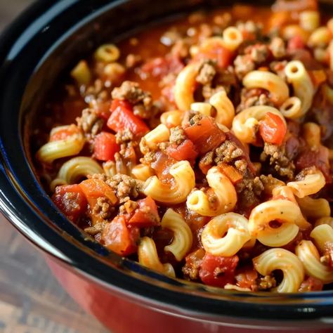 Crockpot Goulash American Goulash Recipes Crockpot, Goulash In Crockpot, Crockpot Goulash Recipes, Mom's Goulash, Crock Pot Goulash, Goolosh Recipe, Crockpot Goulash Recipe, Crockpot Goulash, Hamburger Goulash