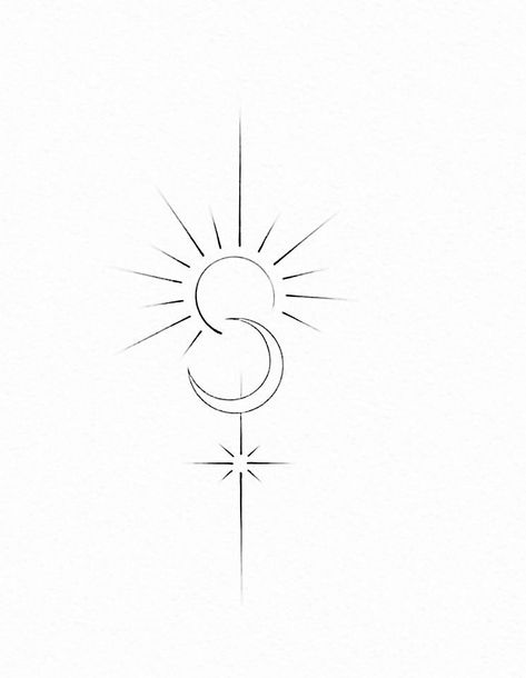 Crescent Sun Tattoo, Northern Star Tattoo Designs, Moon Tattoo Spiritual, Upside Down Moon Tattoo, Eclipse Tattoo Minimalist, Triad Tattoo, Sun And Moon Spine Tattoo, Sun Moon Stars Tattoo, Vacation Tattoos