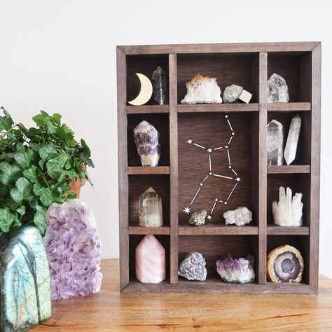 Crystal Room Decor, Crystal Shelf, Zen Den, Crystal Room, Crystal Altar, Crystal Shelves, Spiritual Decor, Wooden Design, Unique Display