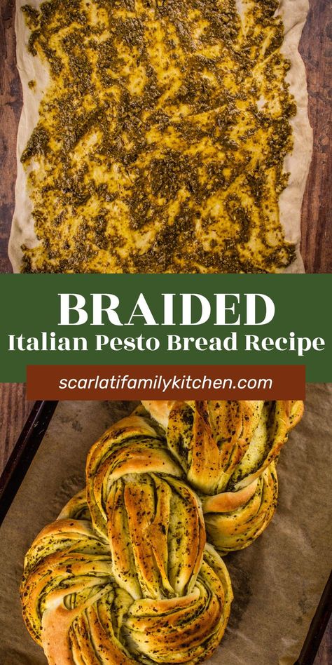 This savory braided pesto bread recipe is made from scratch. Light and fluffy, this homemade bread is braided with bright green basil pesto for a tasty, beautiful side dish. Pesto Garlic Bread, Pesto Focaccia Bread, Plaited Bread, Pesto Bread Recipe, Cheesy Pesto Bread, Homemade Italian Bread, Italian Pesto, Pesto Dishes, Gluten Free Pesto