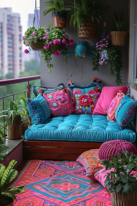 Cozy Balcony Seating, Very Small Balcony Decor, Magical Balcony, Colorful Balcony, Ideas For Balcony, Apartment Patio Decorating Ideas, Balcony Bench, Alfresco Living, Apartment Balcony Ideas