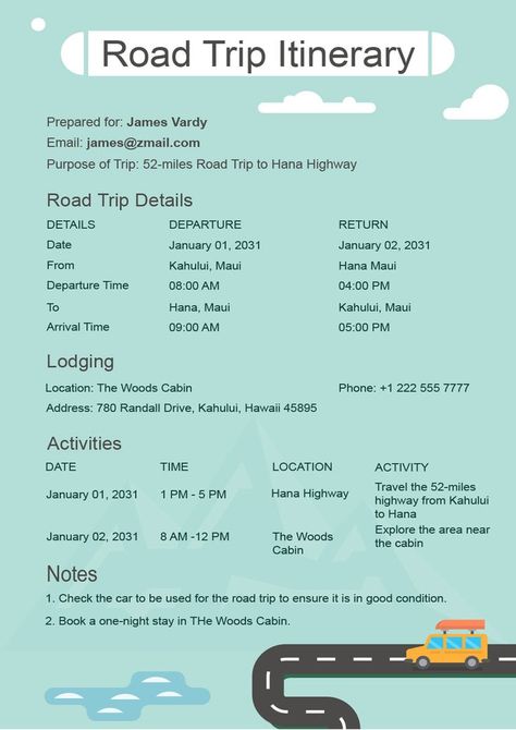 If you are planning to go for a trip by road then you should make a trip itinerary for essentials but you do not need to start from scratch you can download our Best Ever Road Trip Itinerary Template and use it. It has all details on point and if you want to add or edit some details you can freely do this without any hassle. So download now. For more design , and create your own design by your choice. Connect with us. 9903609509 📲 Itenary Travel, Road Trip Itinerary Template, Trip Itinerary Template, Hana Highway, Hana Maui, Itinerary Planner, Itinerary Template, Travel Itinerary Template, Trip Itinerary