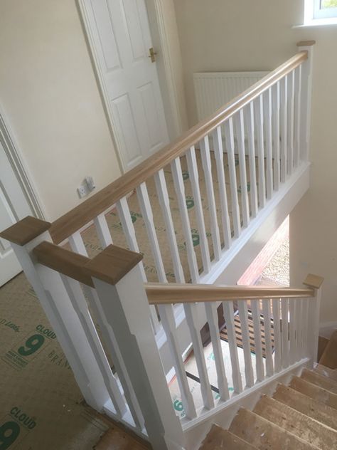 Hall Banister Ideas, Landing Banister Ideas Upstairs, White And Oak Bannister, Oak Bannister White Spindles, Timber Stair Balustrade, White And Wood Banister, Oak Bannister Makeover, Stair Spindle Ideas Wood, Natural Wood Banister