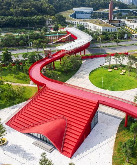 an elevated red path connects the 'forest and sports park' in shenzhen متحف فني, Terminal Bus, World Architecture Festival, Urban Landscape Design, Sport Park, New Architecture, Landscape Architecture Design, Urban Park, Shenzhen China