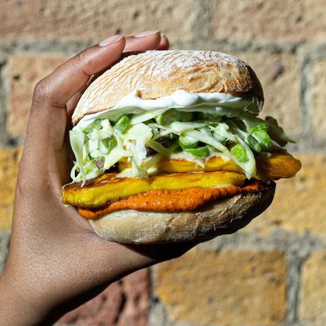 Halloumi Burgers with Curried Romesco Sauce | Mob Tangy Slaw, Halloumi Burger, Fennel Slaw, Grilled Halloumi, Romesco Sauce, Asparagus Salad, Ground Turmeric, Roasted Peppers, Curry Powder