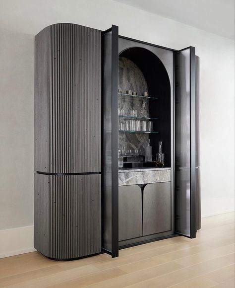 Bar Interior Design Home, Dining Room Cabinet Ideas Modern, Bar Unit Design, Interior Bar Design, Curved Cabinet Doors, Mini Bar Design, Mini Bar Ideas, Modern Cabinet Design, Black Travertine