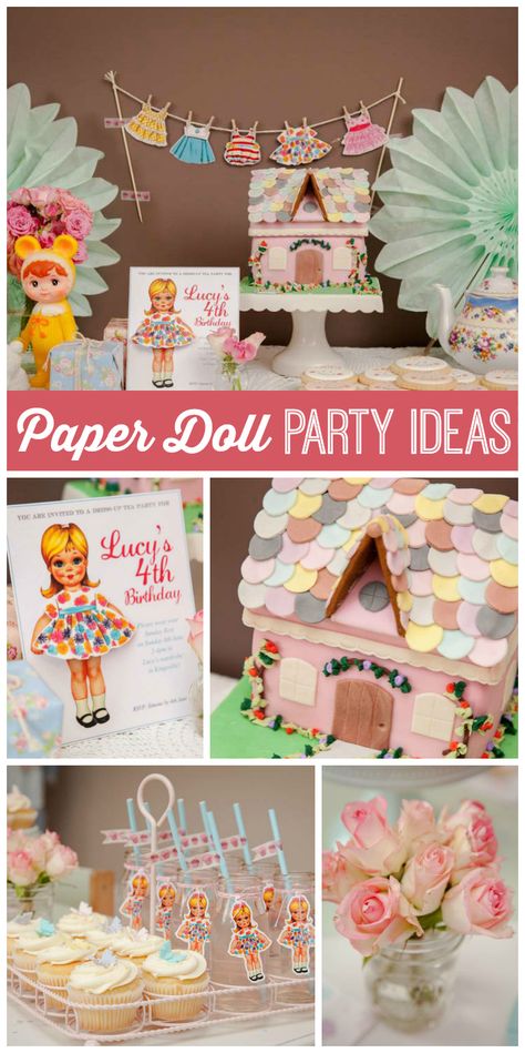 A Vintage Paper Doll girl birthday party with a dollhouse cake and fun party decorations!  See more party planning ideas at CatchMyParty.com! Paper Doll Birthday Party, Dollhouse Birthday Party, Doll Themed Birthday Party, Baby Girl Birthday Party Ideas, Fun Party Decorations, Baby Girl Birthday Party, Doll Birthday Party, Vintage Decorating Ideas, Vintage Birthday Parties