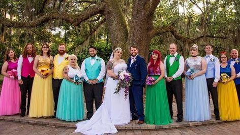 This couple had a magical Disney-themed wedding where every bridesmaid dressed like a Disney Princess Disney Princess Bridesmaids, Disney Princess Themed Wedding, Disney Bridesmaids, Princess Wedding Theme, Disney Themed Wedding, Disney Princess Wedding, Princess Bridesmaid Dress, Disney Inspired Wedding, Disney Wedding Theme