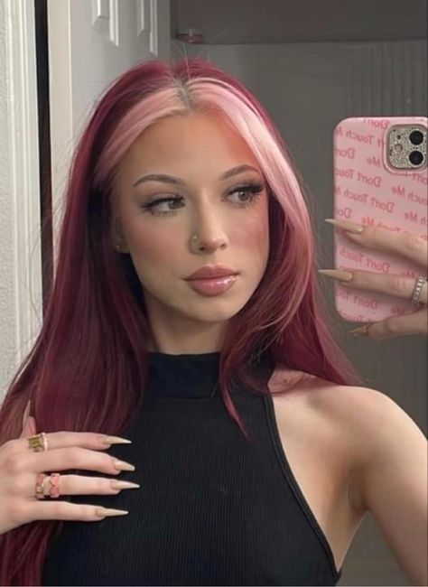 Pink money piece with raspberry all over Pink Hair Professional Look, Pink Money Piece, Chi Hair, Pink Money, Red Blonde Hair, Prettiest Celebrities, Wine Hair, Red Hair Inspo, Hair Color Streaks