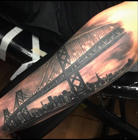 City Sleeve Tattoo, George Washington Bridge Tattoo, San Francisco Bridge Tattoo, Bay Bridge Tattoo, Boston Skyline Tattoo, Bay Area Tattoos, San Francisco Tattoo Ideas, Boston Tattoo Ideas, Camden Tattoo