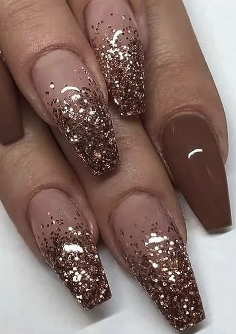 #affiliate Fall nail design inspo, nail art, fall brown and glitter nails, press ons. Glitter French Nails, Brown Nail Art, Brown Acrylic Nails, Sugar Nails, Brown Nails Design, November Nails, Cute Nails For Fall, Coffin Press On Nails, Unique Acrylic Nails