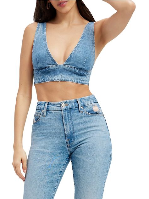 Shop GOOD AMERICAN Denim Crop Bra Top | Saks Fifth Avenue Denim Bra Top, Denim Bralette, Denim Bra, Crop Bra, American Denim, Crop Top Bra, Faux Leather Pants, Tops Fall, Cropped Style