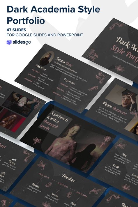 Dark Academia Style Portfolio Dark Academia Slides Template, Vintage Dark Aesthetic, Dark Academia Aesthetics, Resume Portfolio, Google Themes, Notion Ideas, Business Resume, Academia Aesthetics, Dark Academia Style