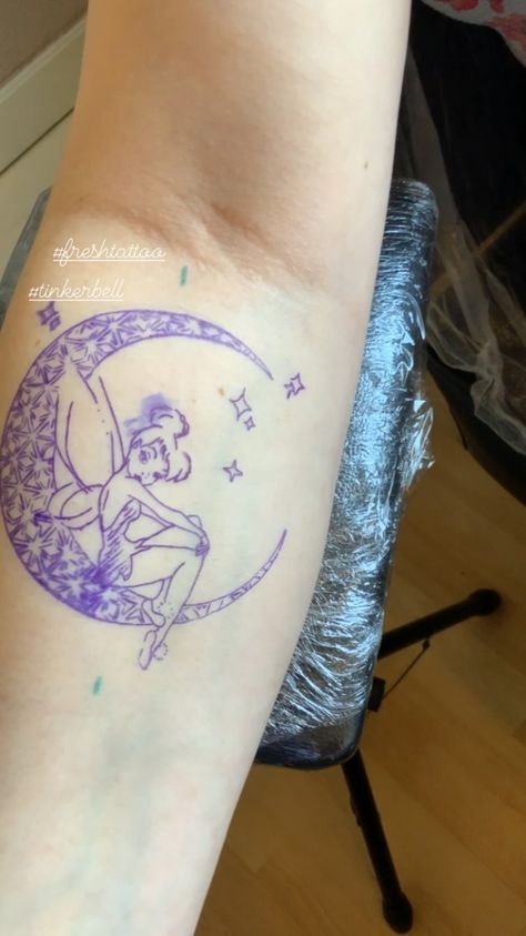 Tinkerbell Moon Tattoo, Tinker Bell Sleeve Tattoo, Sassy Tinkerbell Tattoo, Tinkerbell Dream Catcher Tattoo, Tinkerbell Memorial Tattoo, Tiny Tinkerbell Tattoo Ideas, Tinkerbell Tattoo Sassy, Tinkerbell Tattoo, Tinker Bell Tattoo