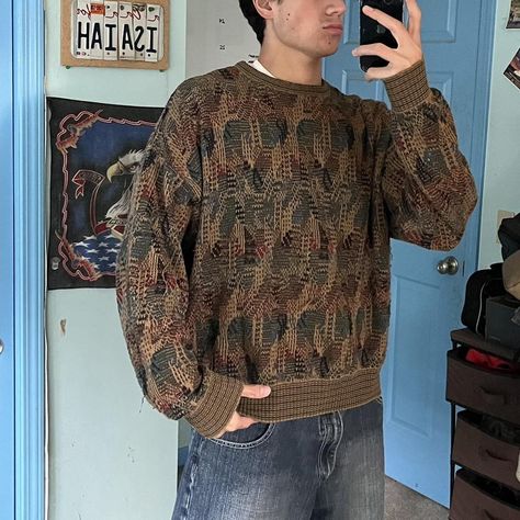 Vintage Chunky Knit Grandpa Sweater Croft and... - Depop Men Sweater Aesthetic, Vintage Sweater Outfit Men, Grandpa Sweater Aesthetic Men, Grandpa Sweater Men, Coogie Sweater Outfit, Grampa Sweaters, Sweaters Men Outfit, Grandpa Sweater Outfit Men, Grandpacore Outfit