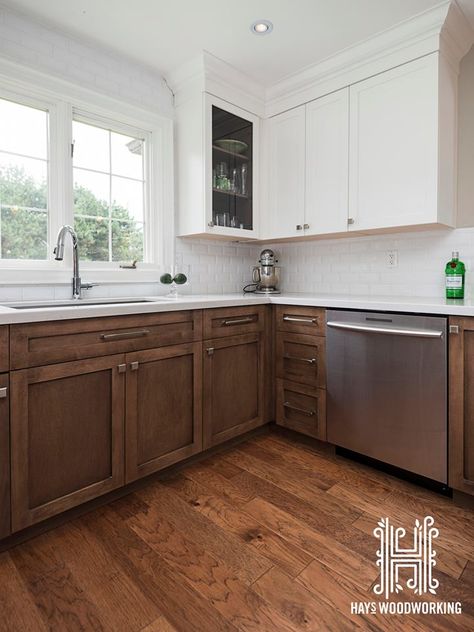 Like base cabinets MDK The doors and drawer fronts are shaker style. The cabinetry is maple  with the base cabinets having a dark walnut stain, which contrast very nicely with the pure white upper cabinets and backsplash. The counter top is a white caesarstone. Walnut Bottom Cabinets White Upper, Wood Cabinets Bottom White Top, Brown Base Cabinets White Upper, White Uppers Stained Lowers Kitchen, Stained Lowers White Uppers, White Top Wood Bottom Cabinets, Brown Lowers White Uppers, Dark Brown Lower Cabinets White Upper, Dark Base Cabinets Light Uppers