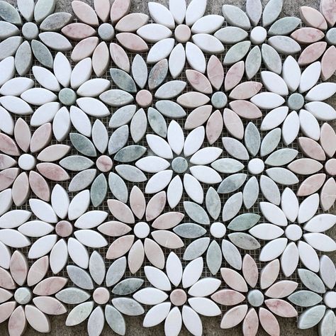 Daisy Flower Tile, Pretty Tile Floor, Flower Tiles Kitchen, Flower Tile Backsplash Farmhouse, Flower Tile Backsplash Bathroom, Bathroom Floral Tiles, Floral Floor Tiles Bathroom, Flower Kitchen Tile, Floral Tile Bathroom Floor