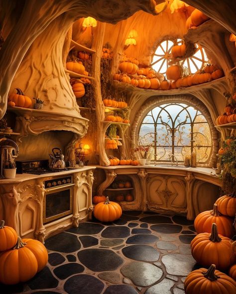 Fairytale Bakery Aesthetic, Orange Witch Aesthetic, Fairytale Cottage Aesthetic, Fairytale House Interior, Orange Library, Purple Library, Storybook Aesthetic, Pumpkin Magic, Fairytale Houses