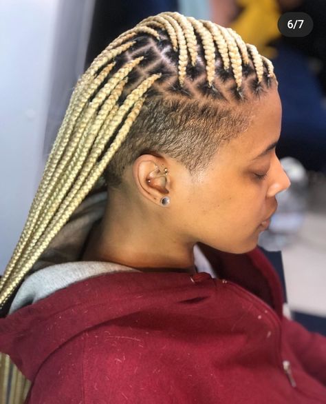 Braided Pixie Hairstyles, Mohawk Styles For Black Women, Taper Braids, Box Braids Shaved Sides, Side Bob, Shaved Long Hair, Natural Hair Mohawk, Corn Rolls, Braided Mohawk Hairstyles