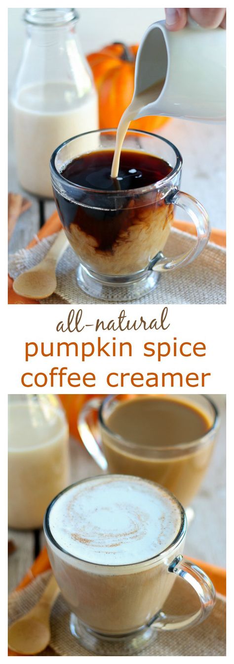 All-Natural Pumpkin Spice Creamer - Homemade pumpkin spice coffee creamer made with all natural ingredients, and no refined sugar. Filled with subtle flavors of pumpkin, warm spices, and vanilla, and sweetened with maple syrup. Pumpkin Spice Creamer Recipe, Homemade Pumpkin Spice Coffee Creamer, Homemade Pumpkin Spice Creamer, Pumpkin Coffee Creamer, Pumpkin Spice Coffee Creamer, Homemade Pumpkin Spice Coffee, Dairy Free Coffee Creamer, Pumpkin Spice Creamer, Dairy Free Coffee