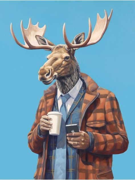 "Moose Holding Coffee" Art Print for Sale by MajesticBeasts | Redbubble Animal People Art, Anthropomorphic Animals, Moose Character Design, Moose Drawing, Anthropomorphic Animal Illustration, Cartoon Moose Painting, Cute Moose Illustrations, Funny Moose Drawing, Save Animals Poster